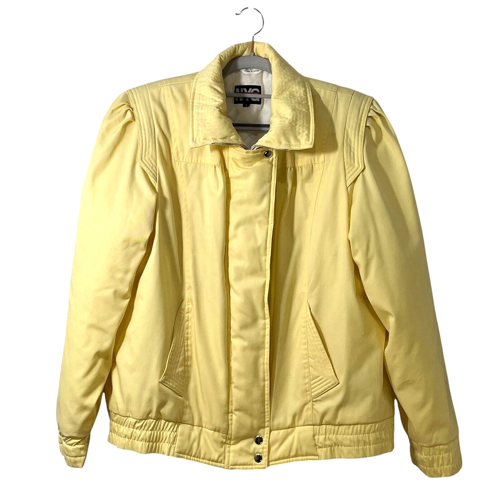 80s Jacket Women Size L Yellow Retro Chic Funky Puffer Zip Front Pockets Vintage
